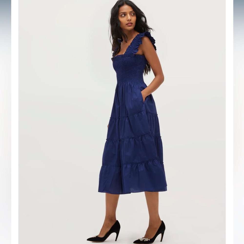 Hill House Navy Blue Smocked Tiered Midi Dress